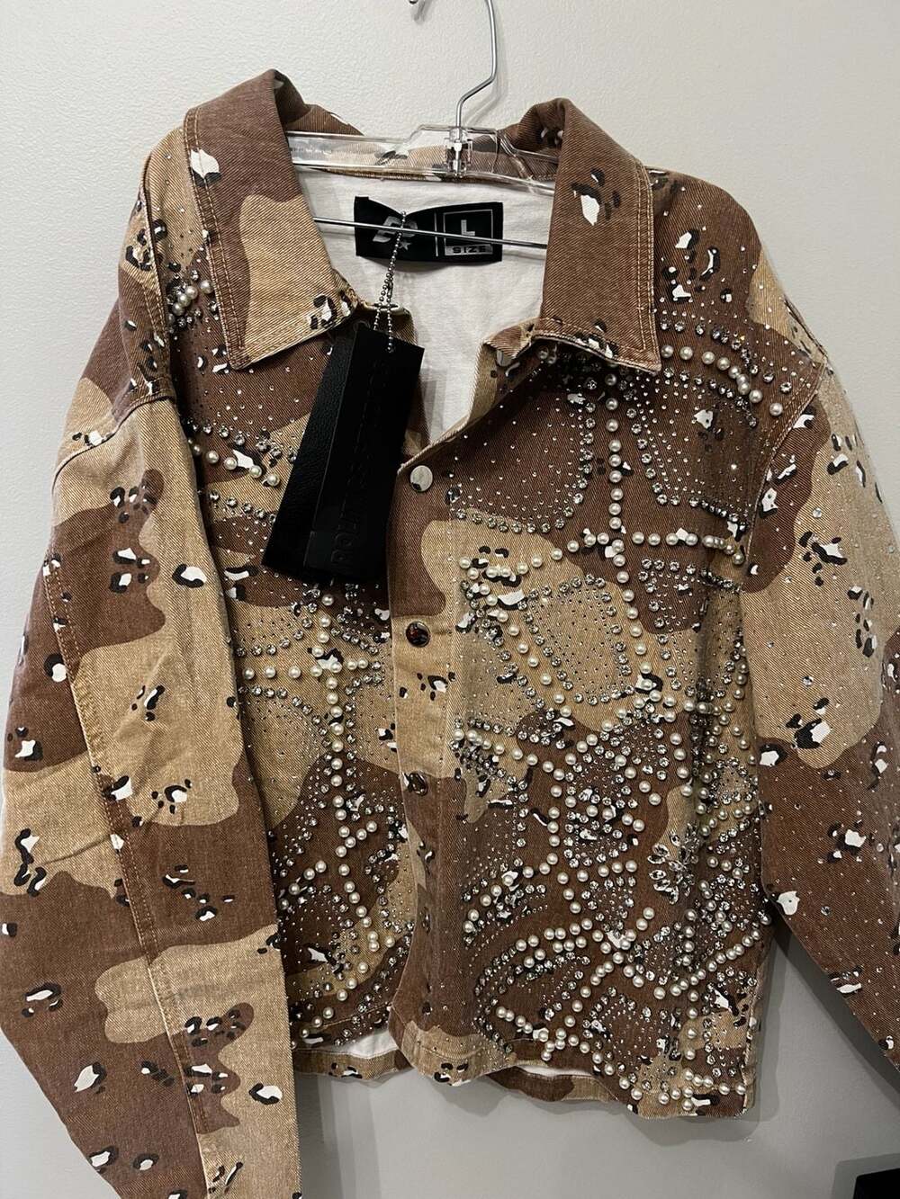 Designer Politics Studios Rhinestone and Pearl Embellished Camo Denim Jacket